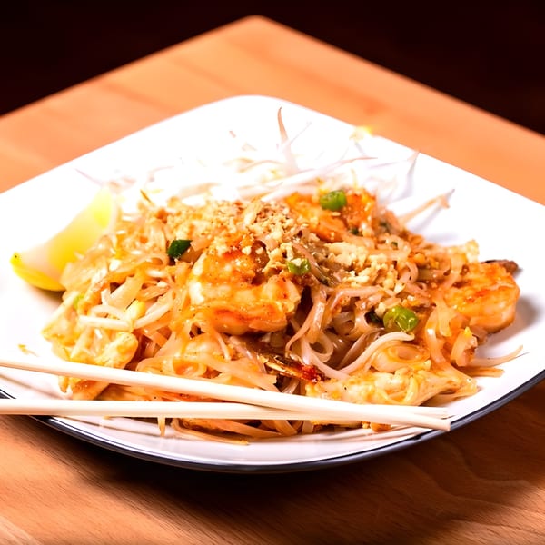 Pattaya Kitchen's Pad Thai with shrimp, noodles, bean sprouts, peanuts, and a lime wedge.